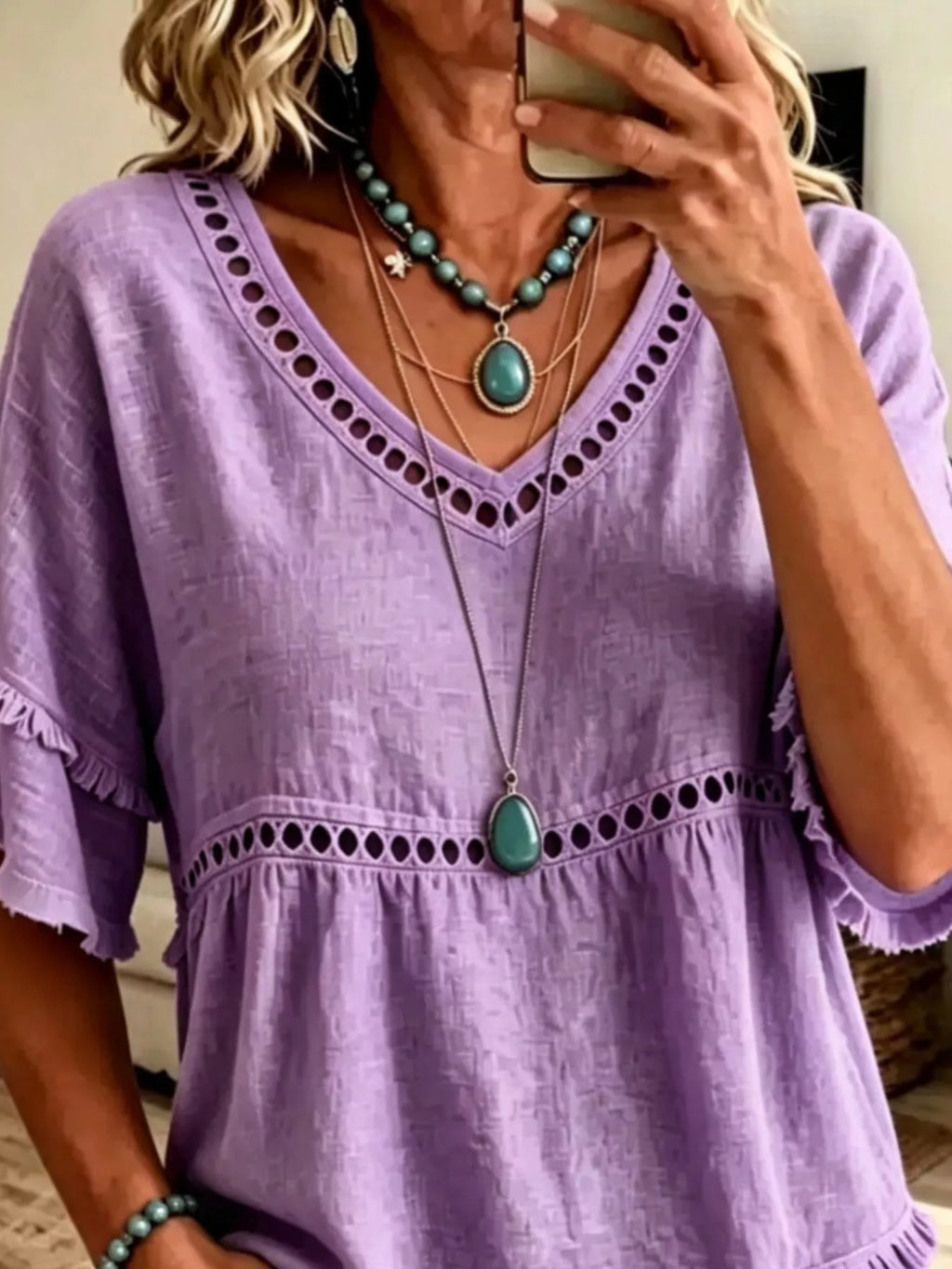 Eyelet V-Neck Frayed Edge T-Shirt