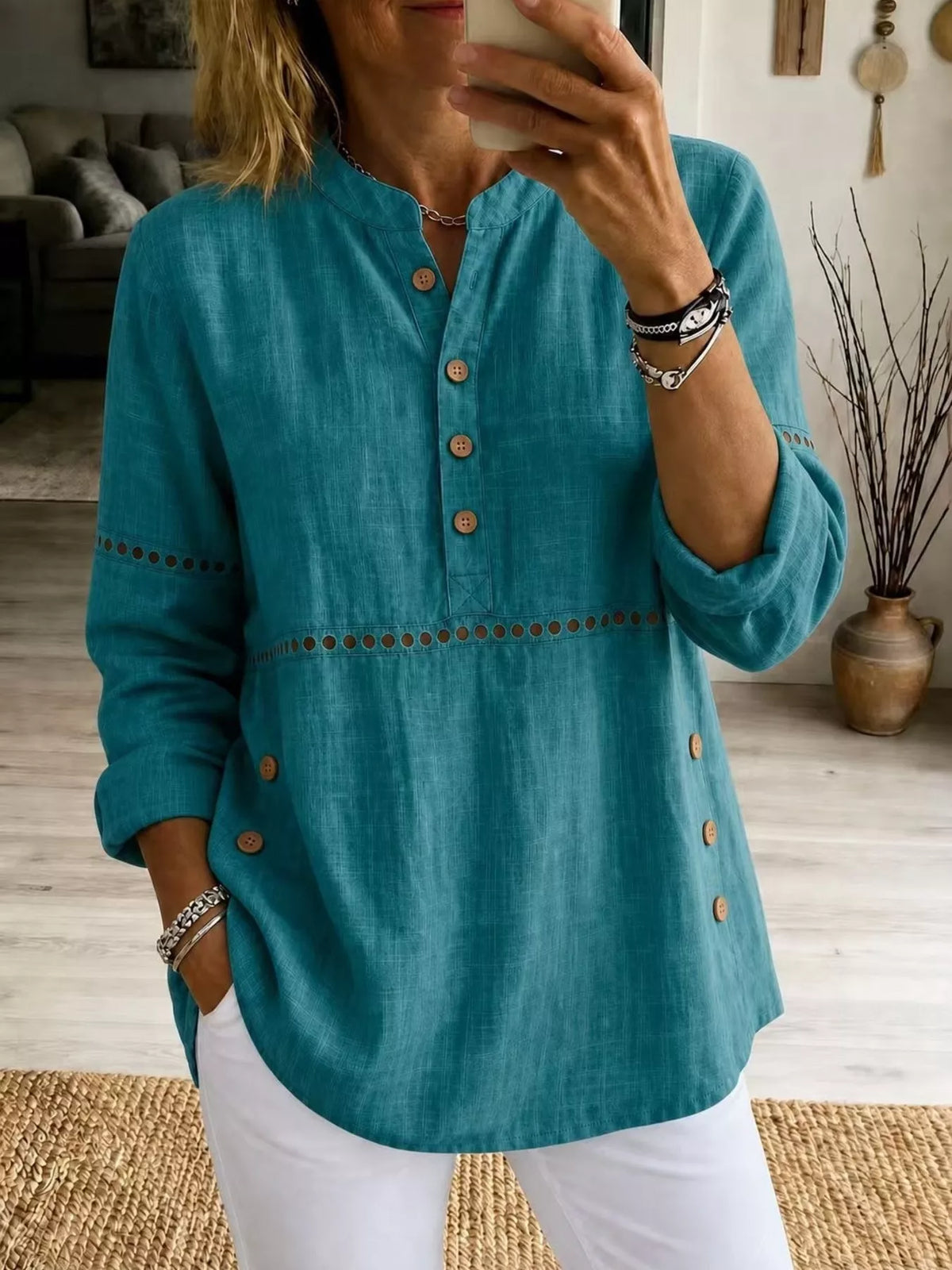 Full Size Button Detail Eyelet Long Sleeve Blouse Plus Size