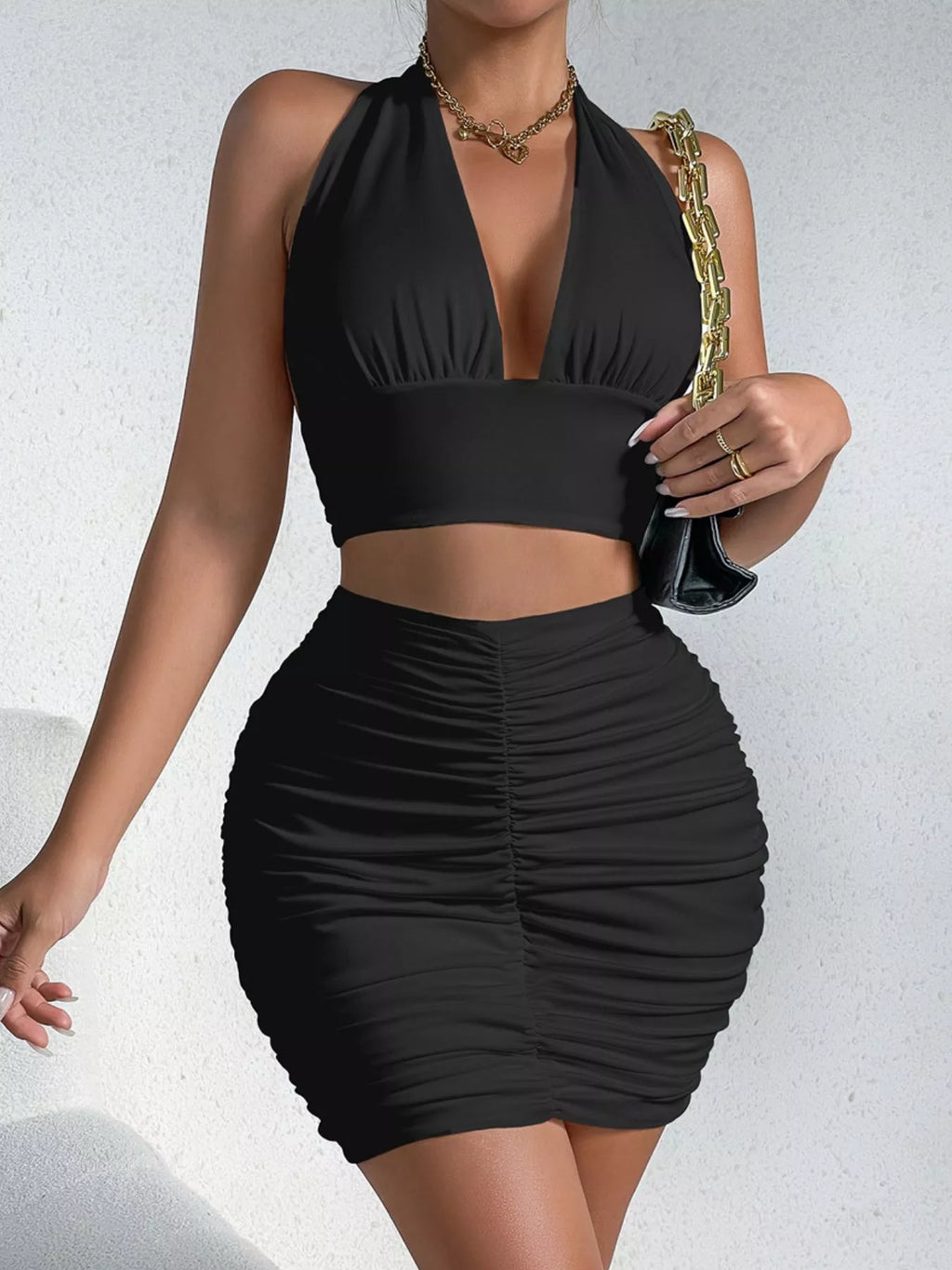 Halter Crop Top and Ruched Bodycon Mini Skirt Set