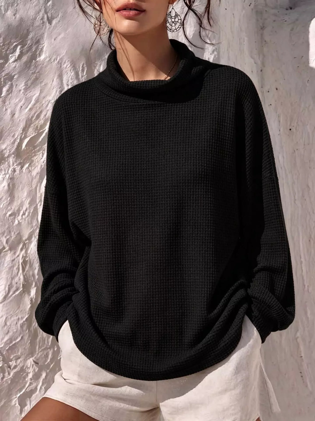 Full Size Waffle Knit Mock Neck Long Sleeve T-Shirt Plus Size