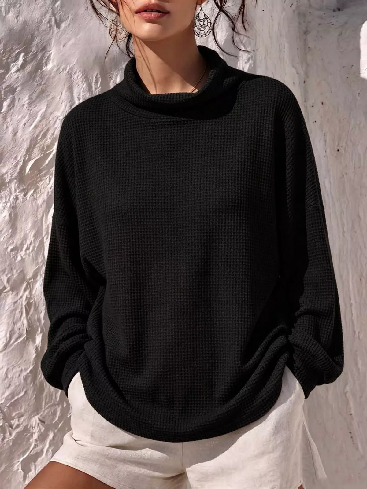 Full Size Waffle Knit Mock Neck Long Sleeve T-Shirt Plus Size