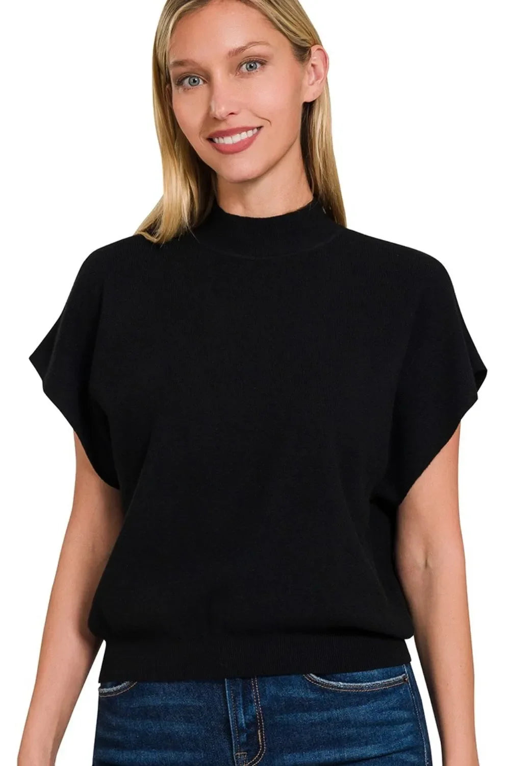 Zenana Mock Neck Short Dolman Sleeve Sweater