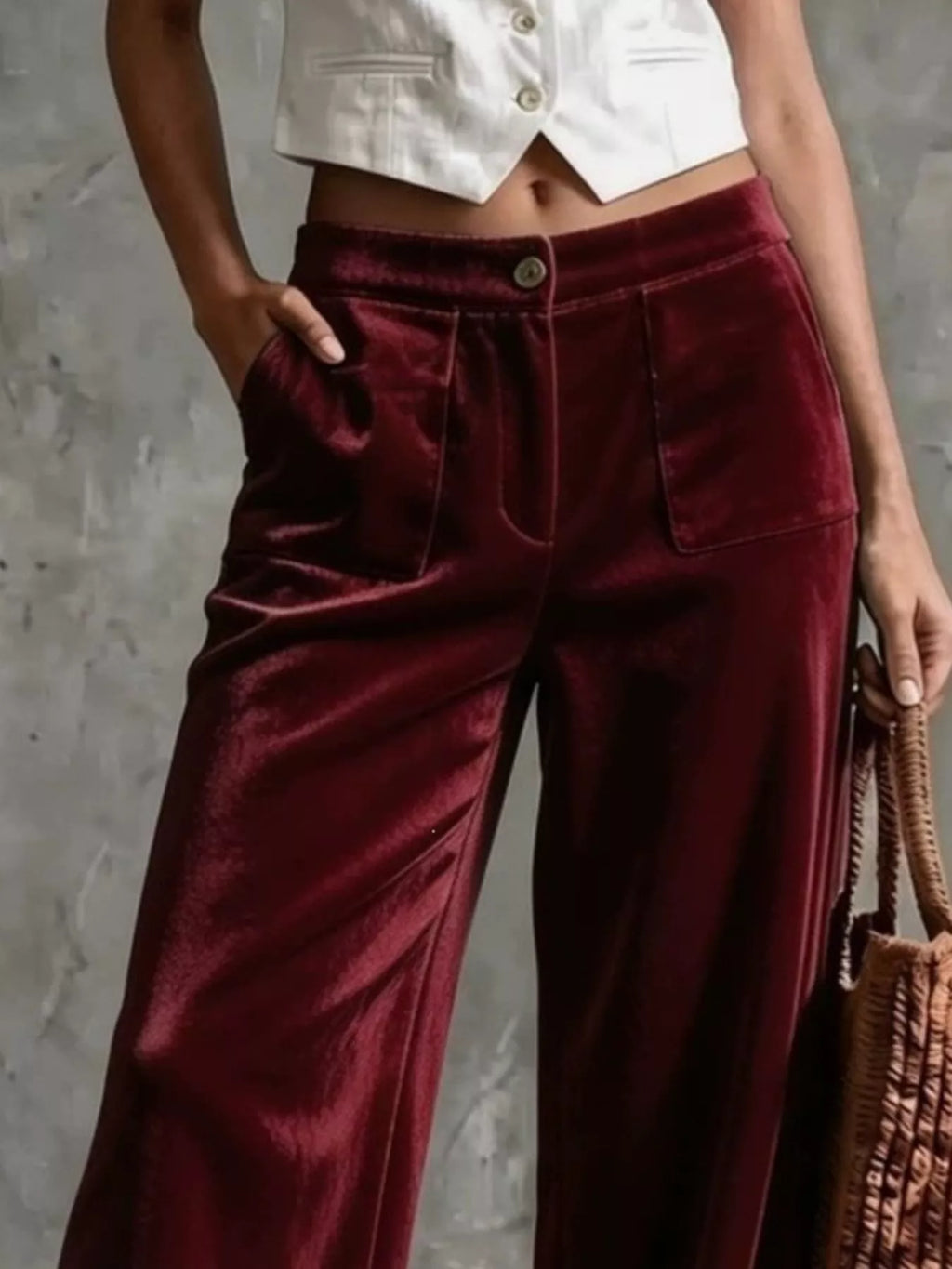 Full Size High-Waisted Wide-Leg Velvet Pants with Front Pockets Plus Size