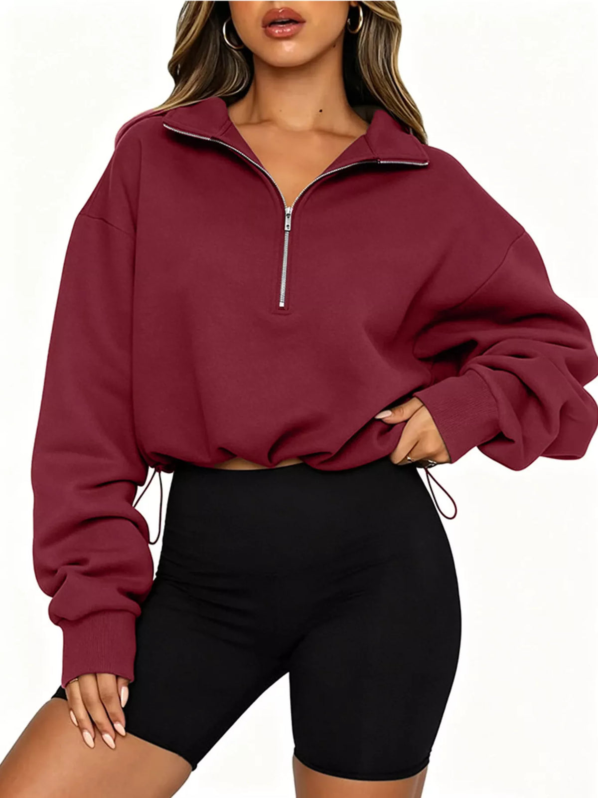 Half Zip Drawstring Hem Sweatshirt
