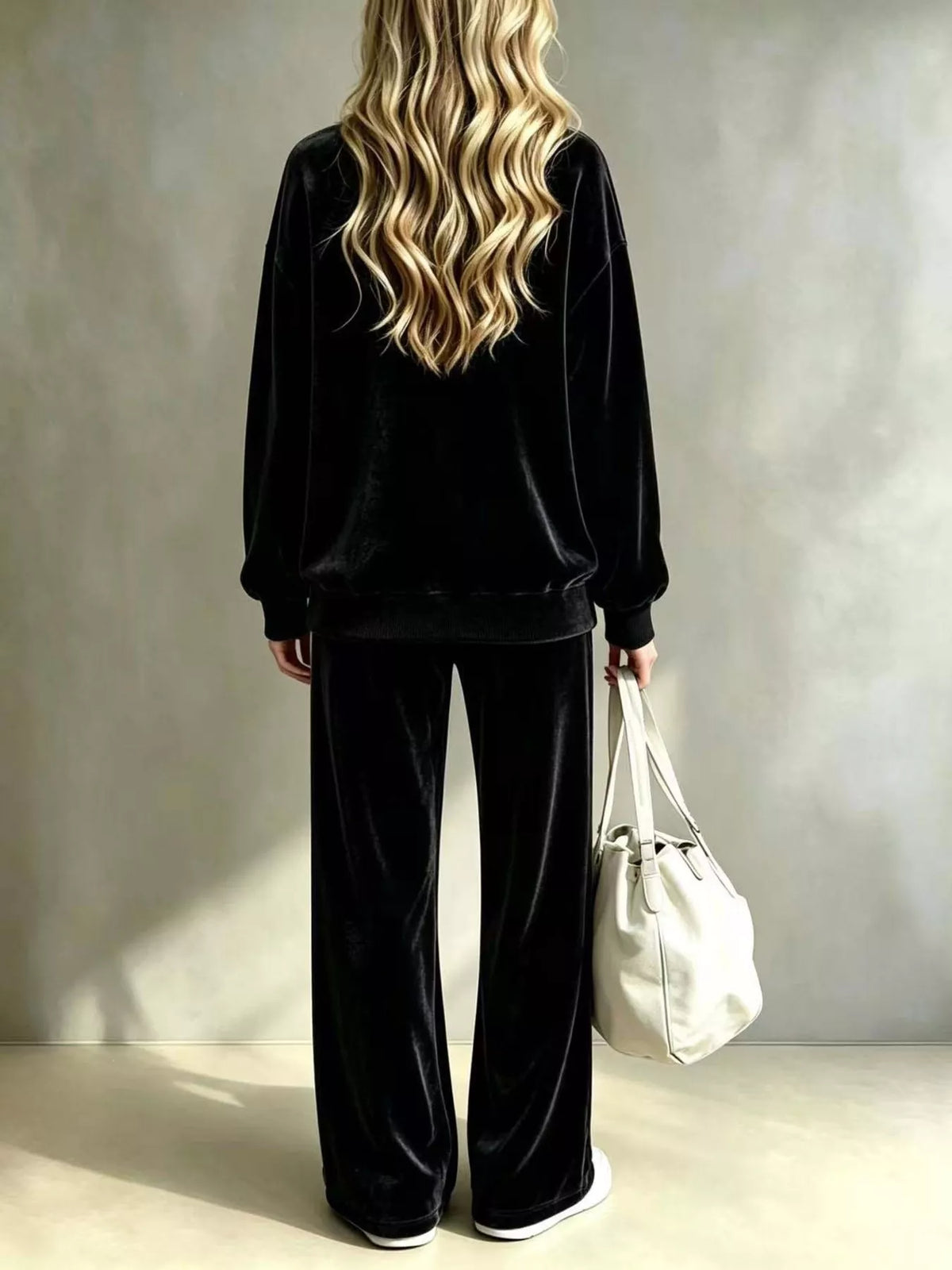 Full Size Dropped Shoulder Velvet Top and Wide Leg Pants Set Plus Size