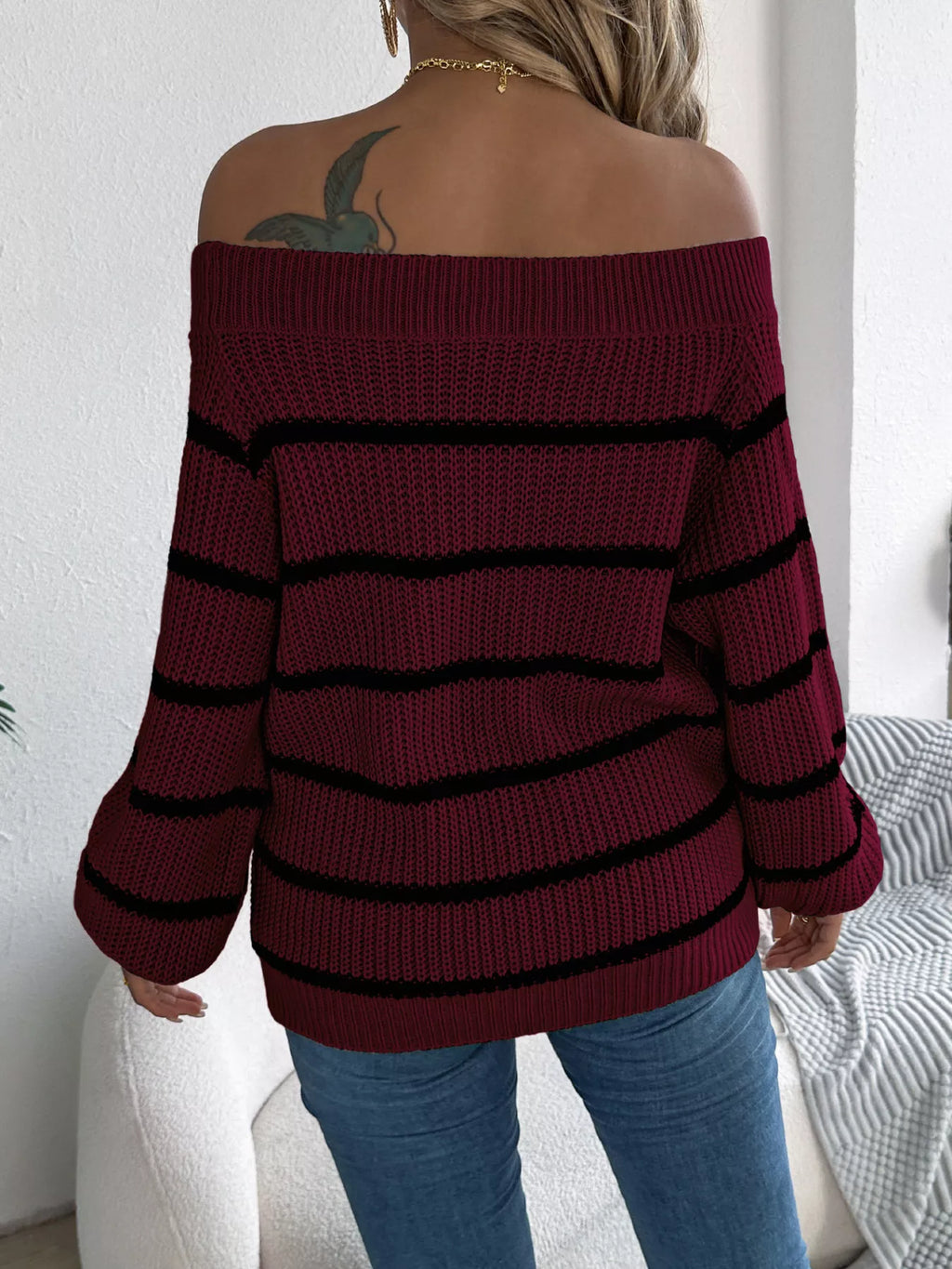 Off-Shoulder Striped Contrast Sweater