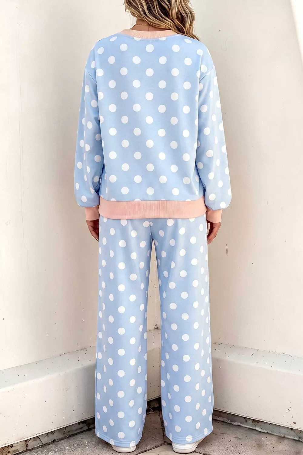 Polka Dot Contrast Trim Long Sleeve Top Drawstring Shift Pants Set
