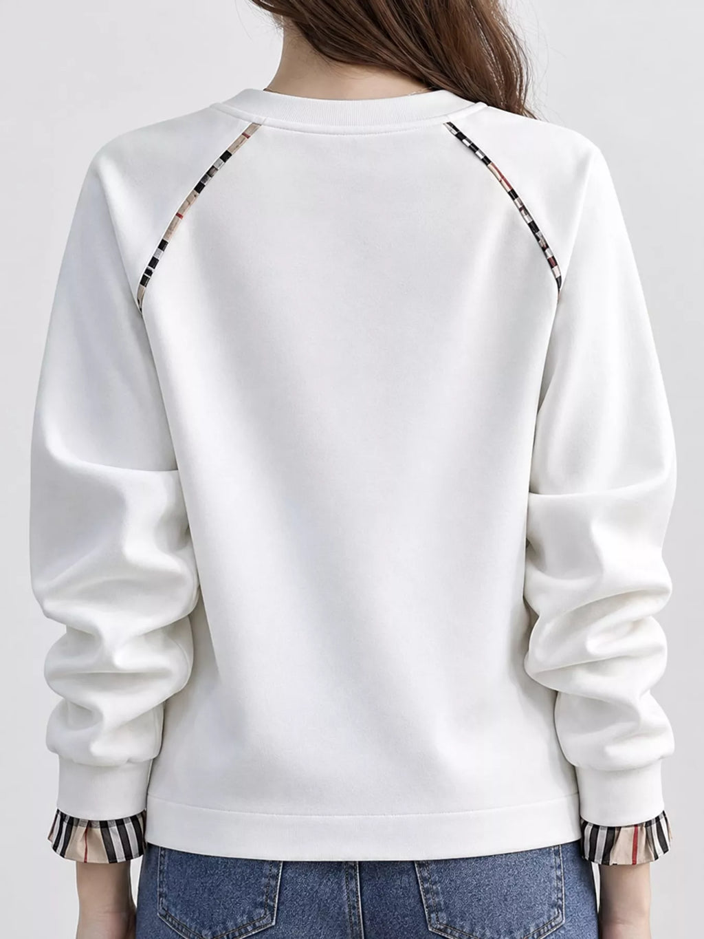 Plaid-Trimmed Crew Neck Sweatshirt