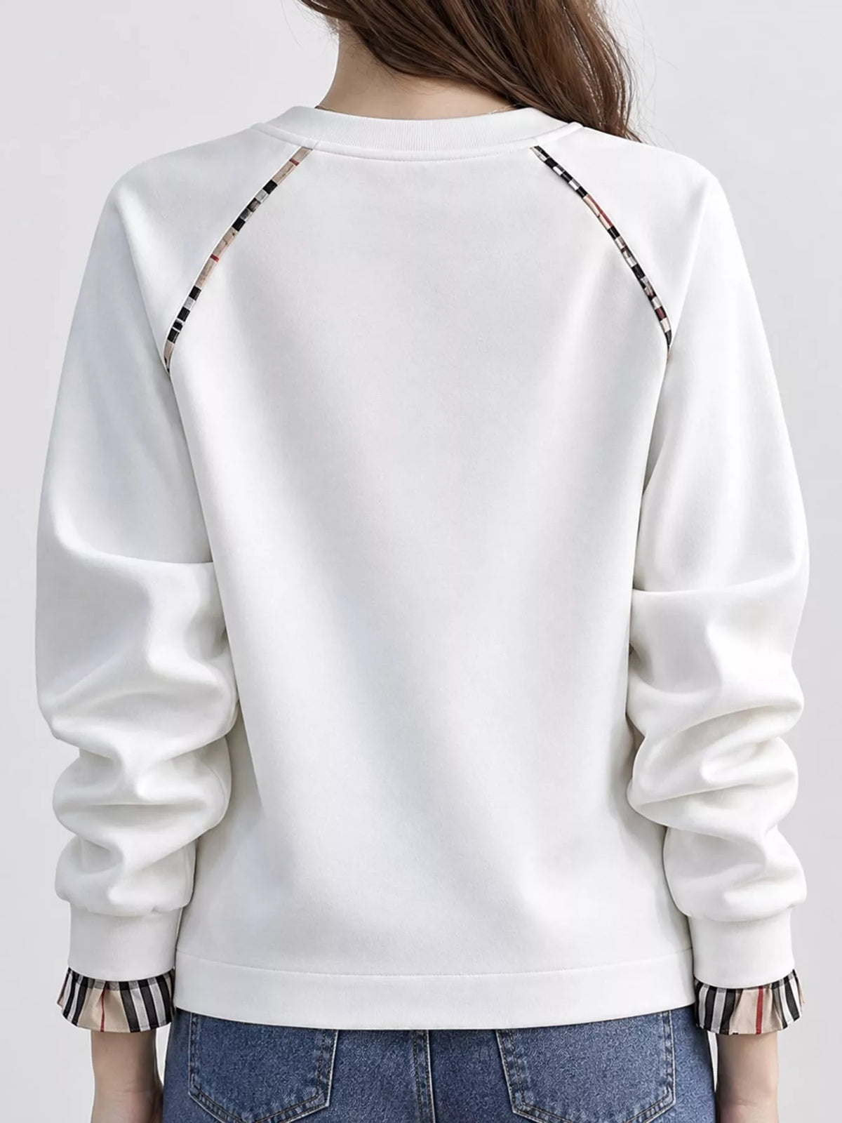 Plaid-Trimmed Crew Neck Sweatshirt