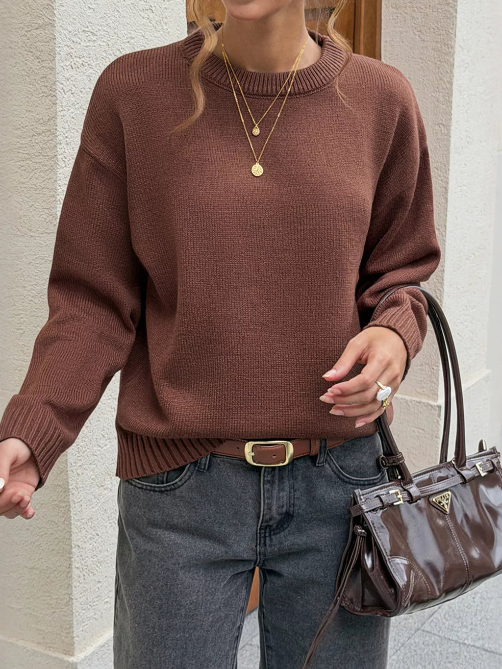 Crew Neck Ribbed Hem Sweater