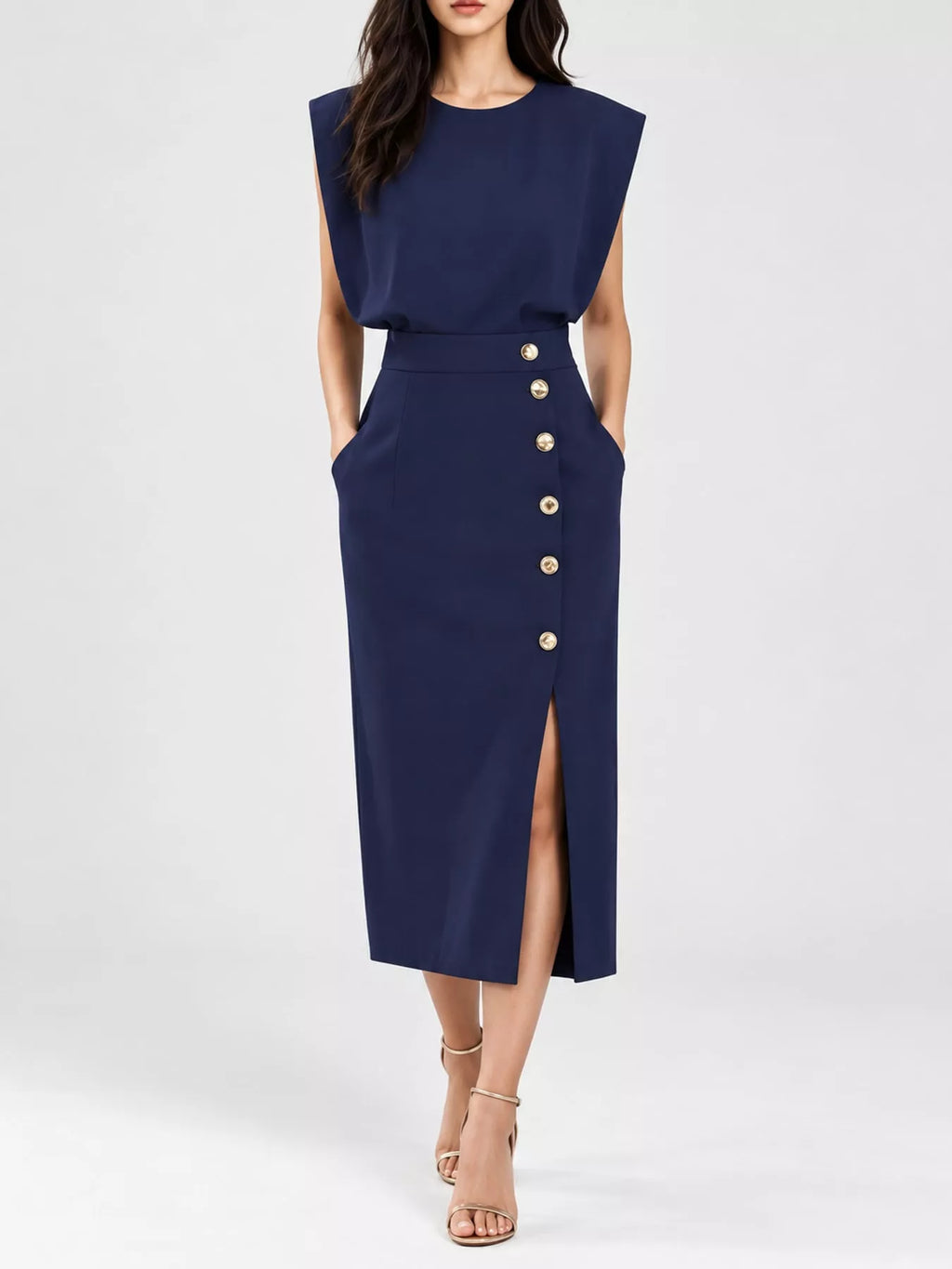 Sleeveless Midi Dress with Gold Button Detail and Side Slit