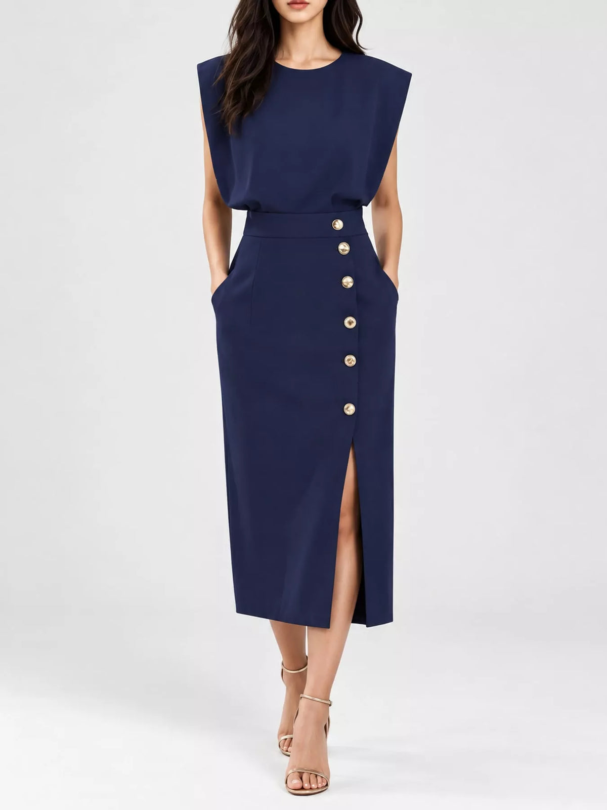 Sleeveless Midi Dress with Gold Button Detail and Side Slit