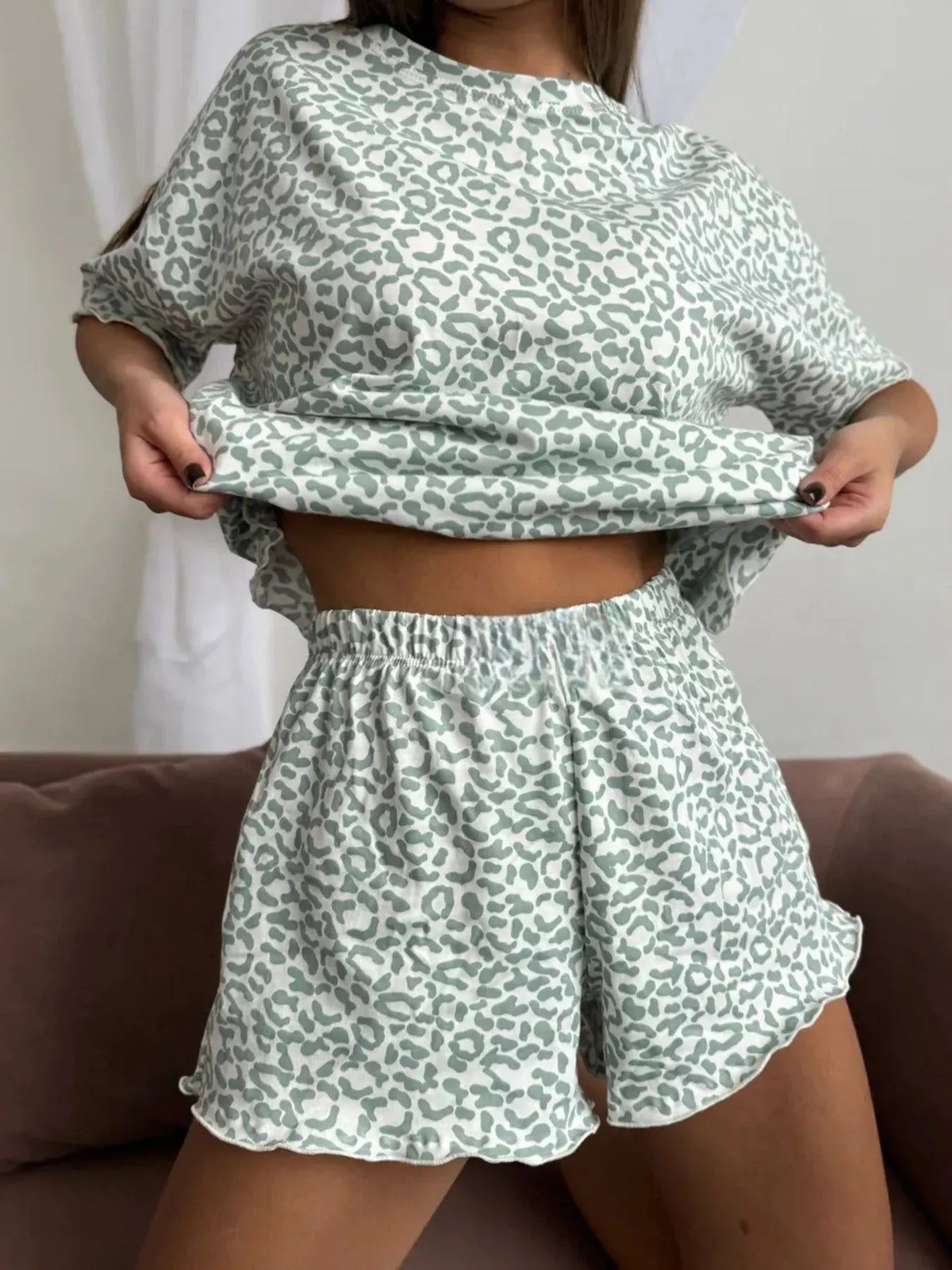Leopard Print T-Shirt and Ruffle Hem Shorts Lounge Set