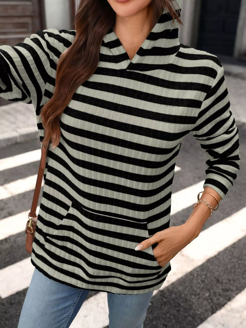 Casual Striped Ribbed Knit Hoodie with Kangaroo Pocket