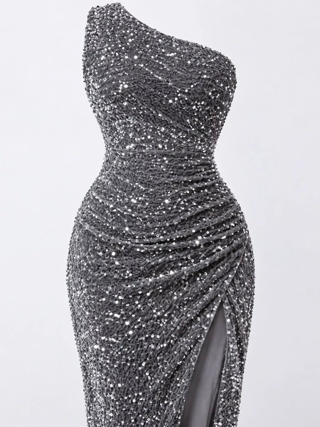 One-Shoulder Ruched Sequin High-Slit Evening Dress
