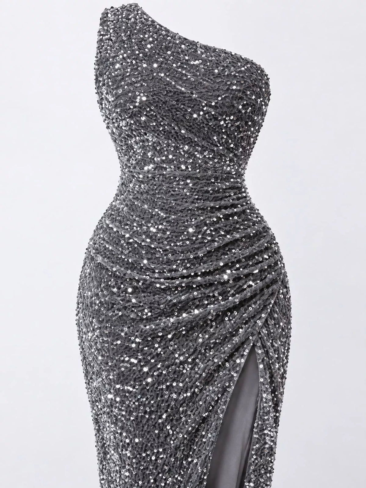 One-Shoulder Ruched Sequin High-Slit Evening Dress