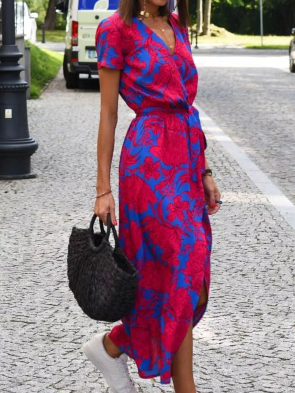 Full Size Slit Floral Print Short Sleeve Dress Plus Size