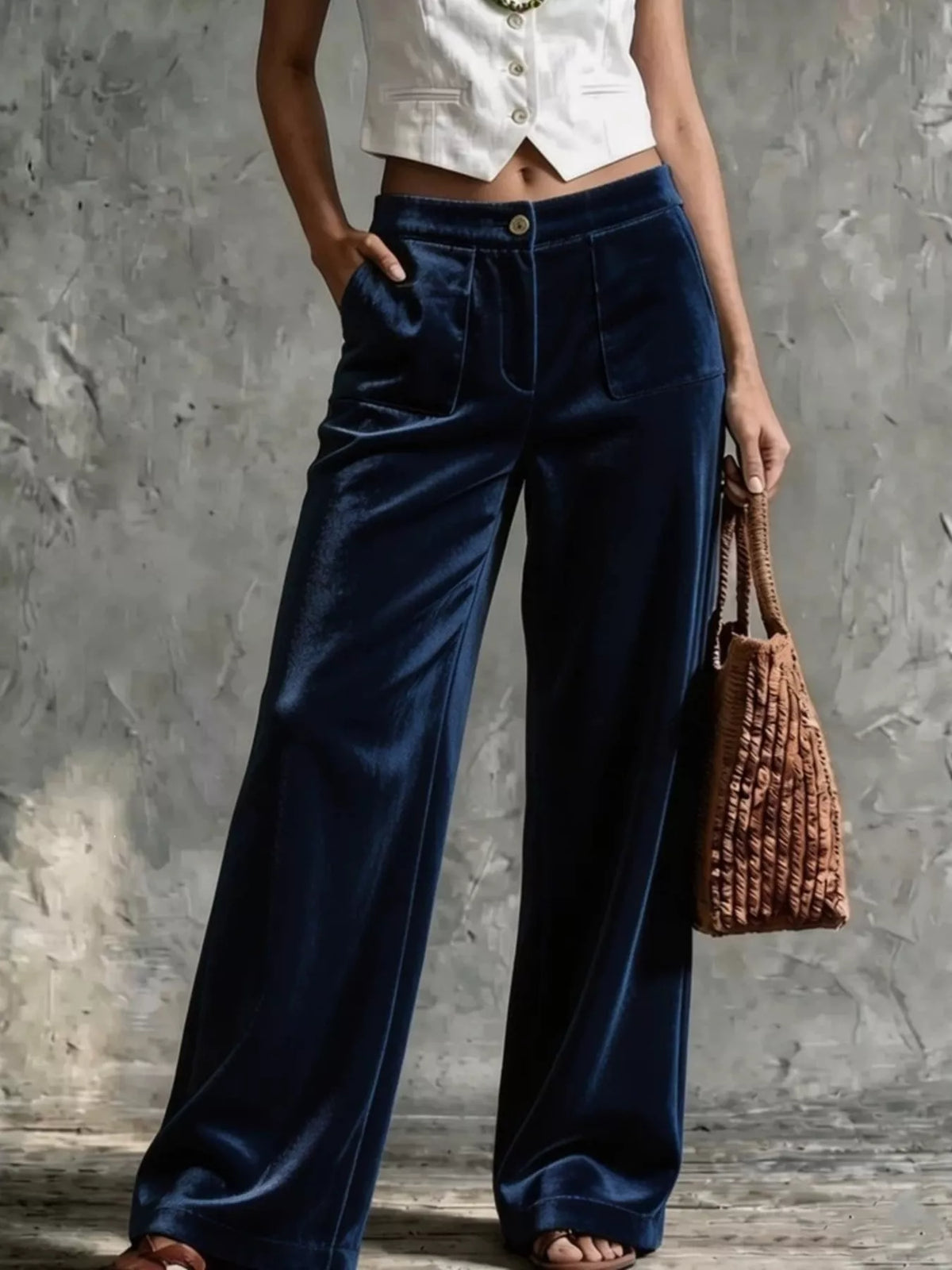 Full Size High-Waisted Wide-Leg Velvet Pants with Front Pockets Plus Size