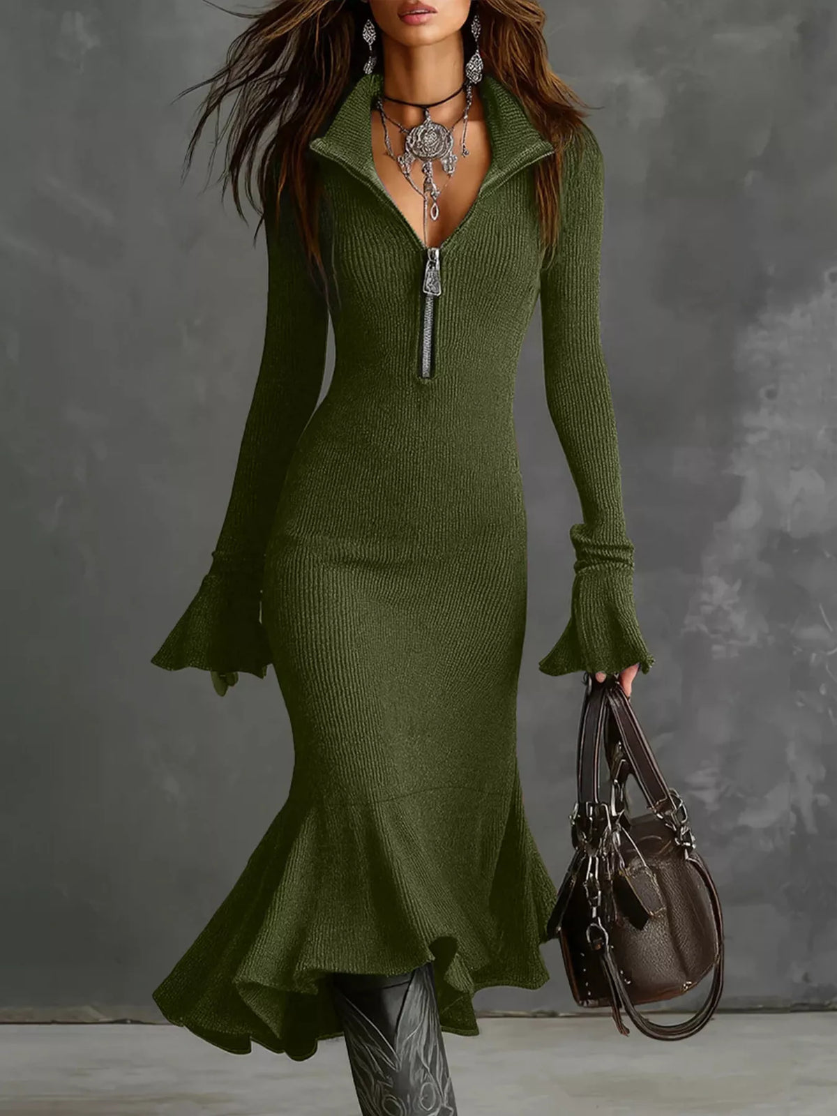 Full Size Quarter-Zip Mermaid Hem Knit Dress Plus Size