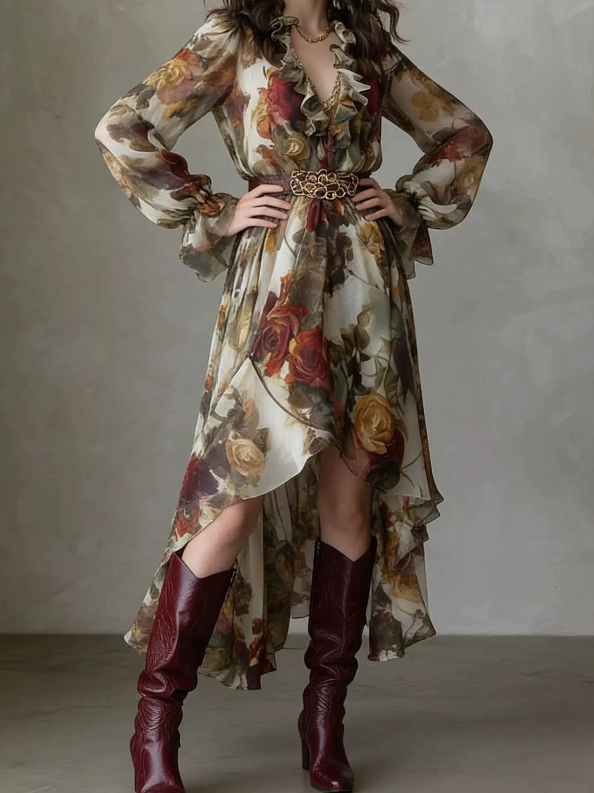 Floral Print Ruffle Trim High-Low Chiffon Maxi Dress