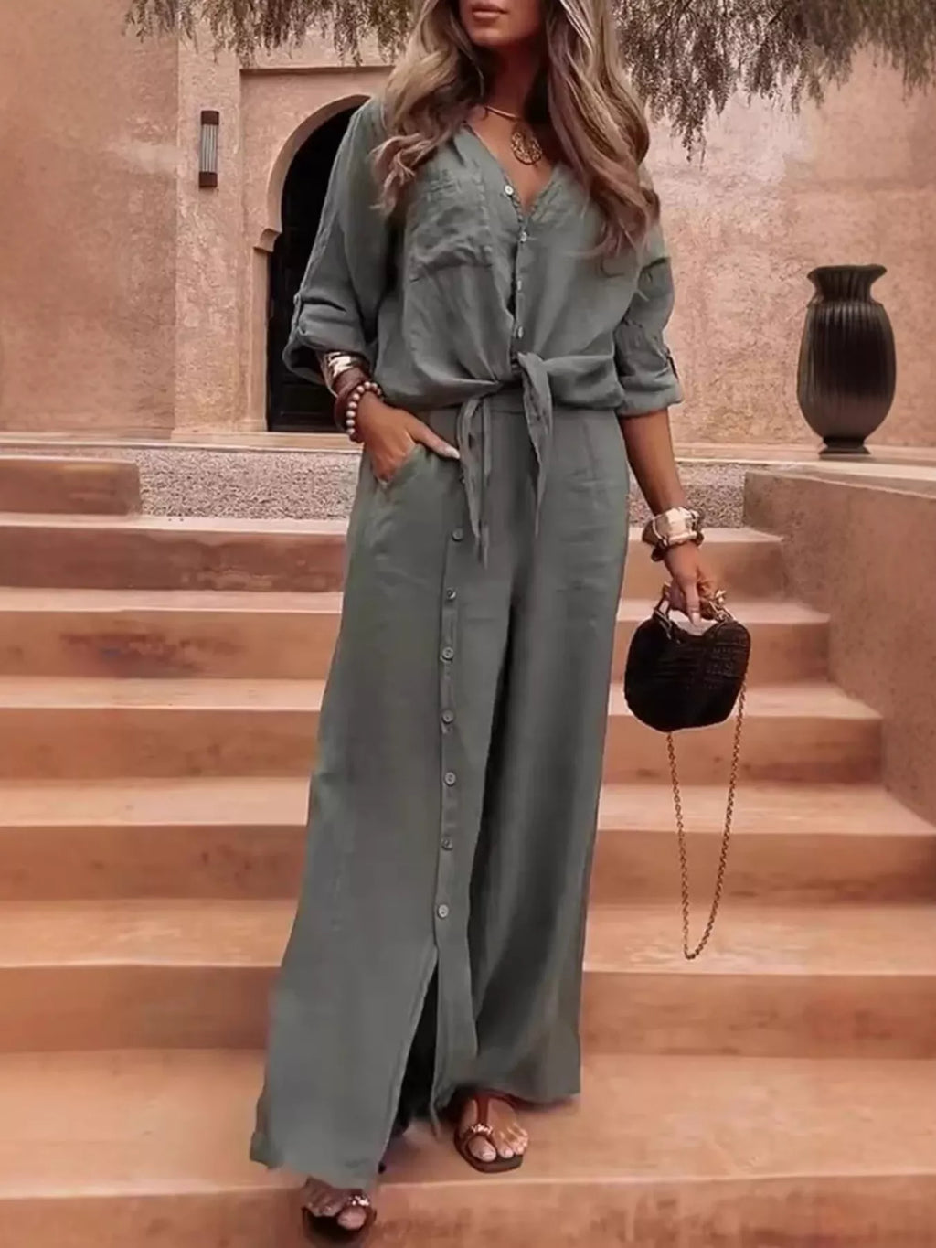 Full Size Tie-Front Shirt and Button-Down Wide-Leg Pants Set Plus Size