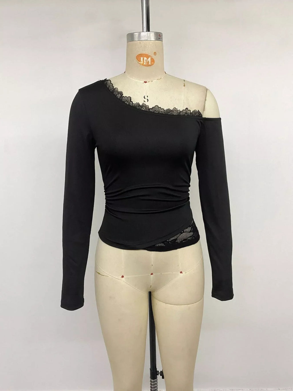 One-Shoulder Lace Trim Slim Fit T-Shirt