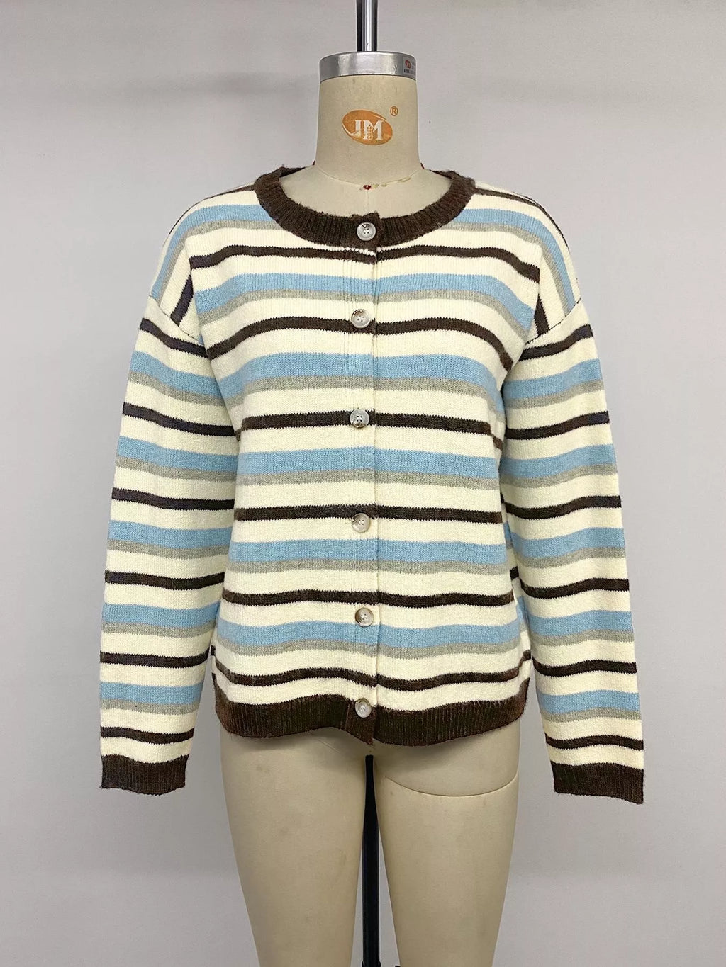 Striped Crew Neck Button-Down Cardigan