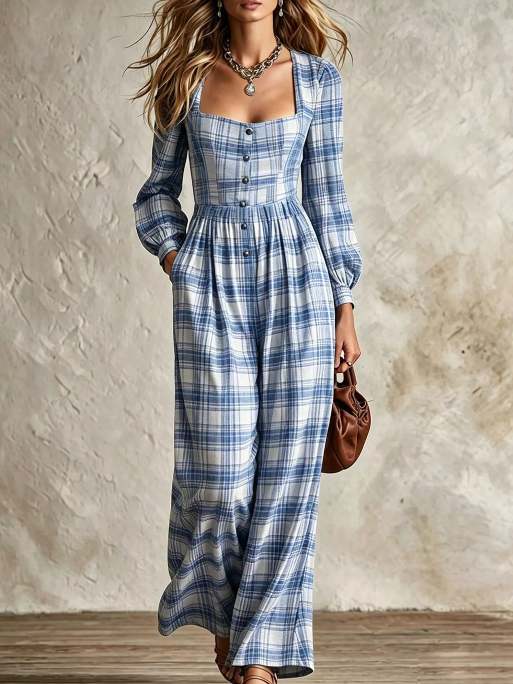 Plaid Square Neck Long Sleeve Wide-Leg Jumpsuit