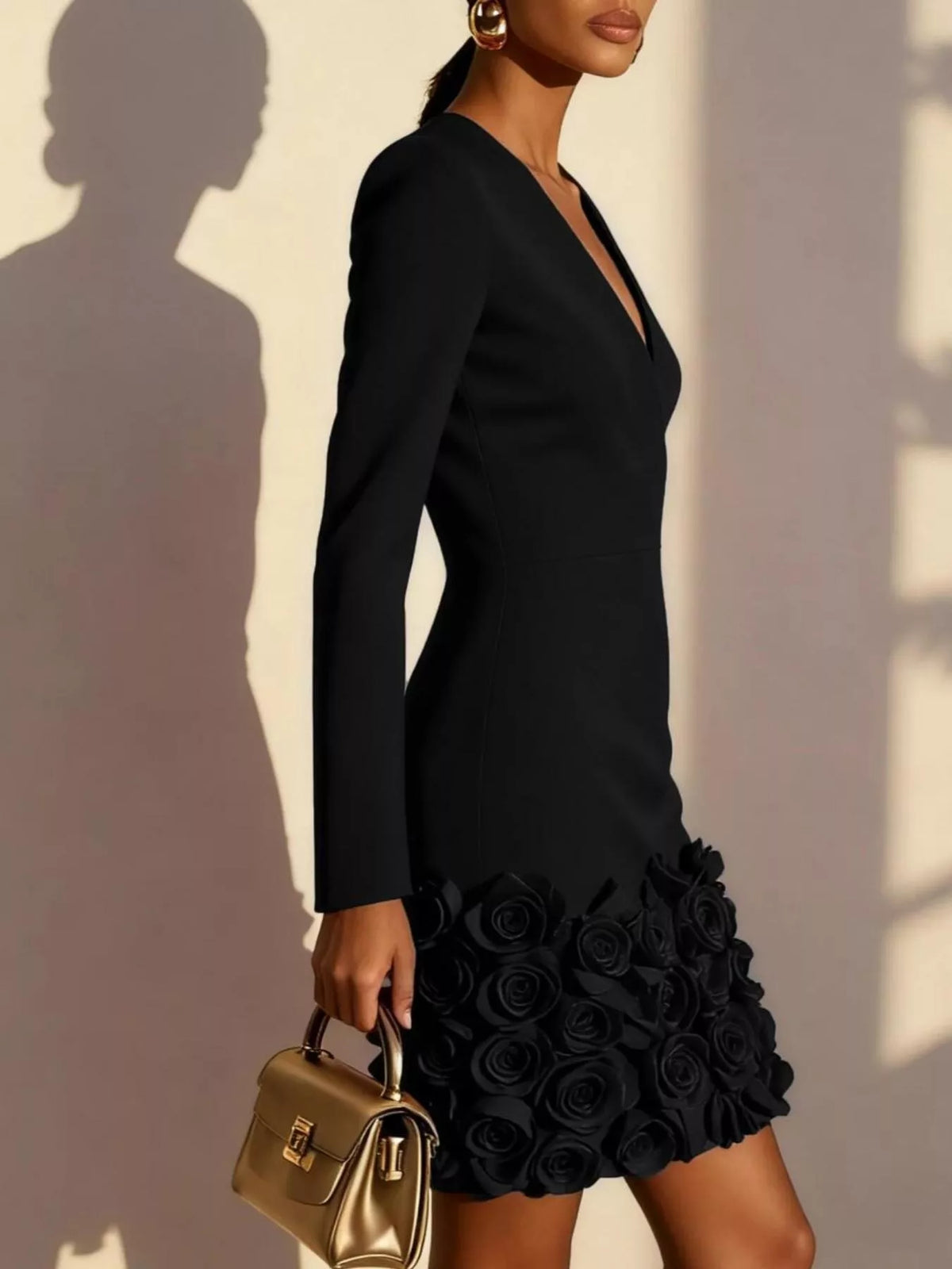 V-Neck Long Sleeve Mini Dress with 3D Rose Floral Hem