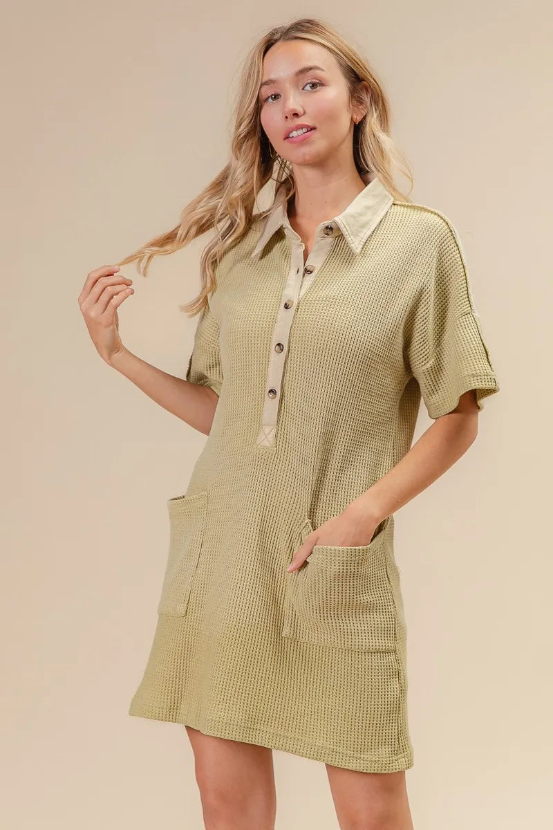 Dip Dye Mineral Washed Waffle Knit Shirt Dress with Pockets