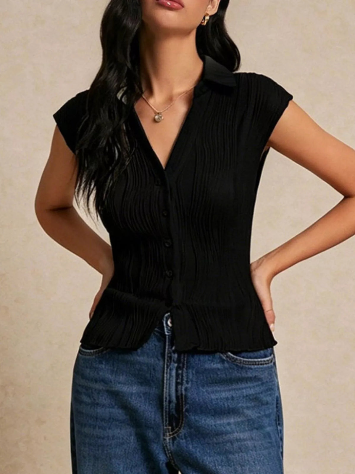 Button-Down Cap Sleeve Shirt