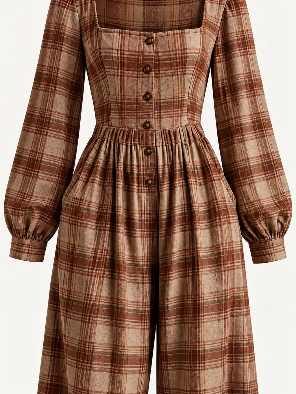 Plaid Square Neck Long Sleeve Wide-Leg Jumpsuit
