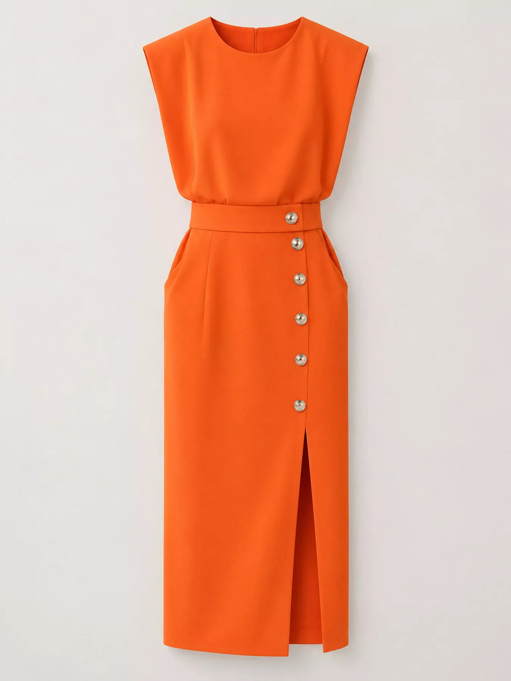 Sleeveless Midi Dress with Gold Button Detail and Side Slit