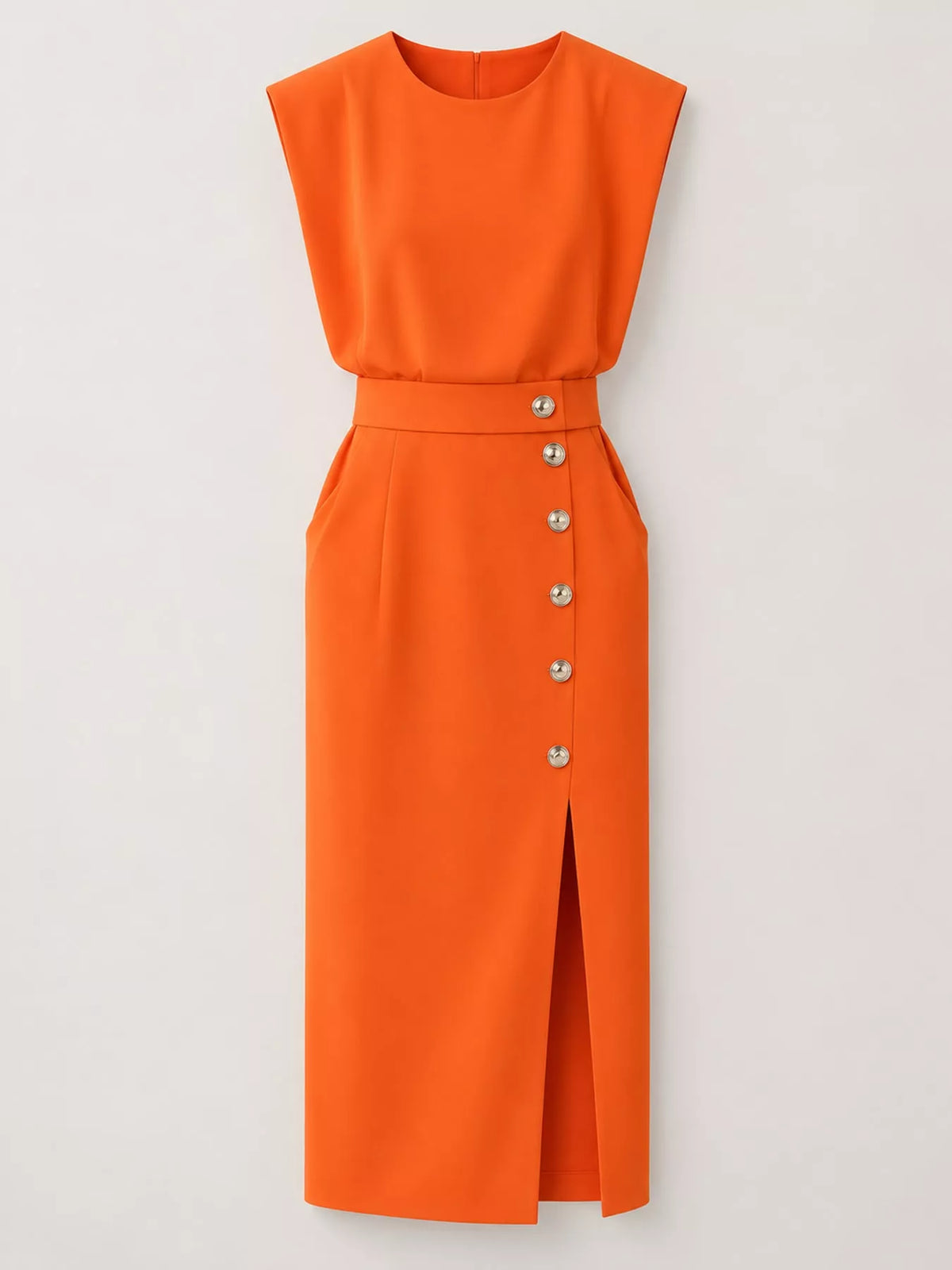 Sleeveless Midi Dress with Gold Button Detail and Side Slit