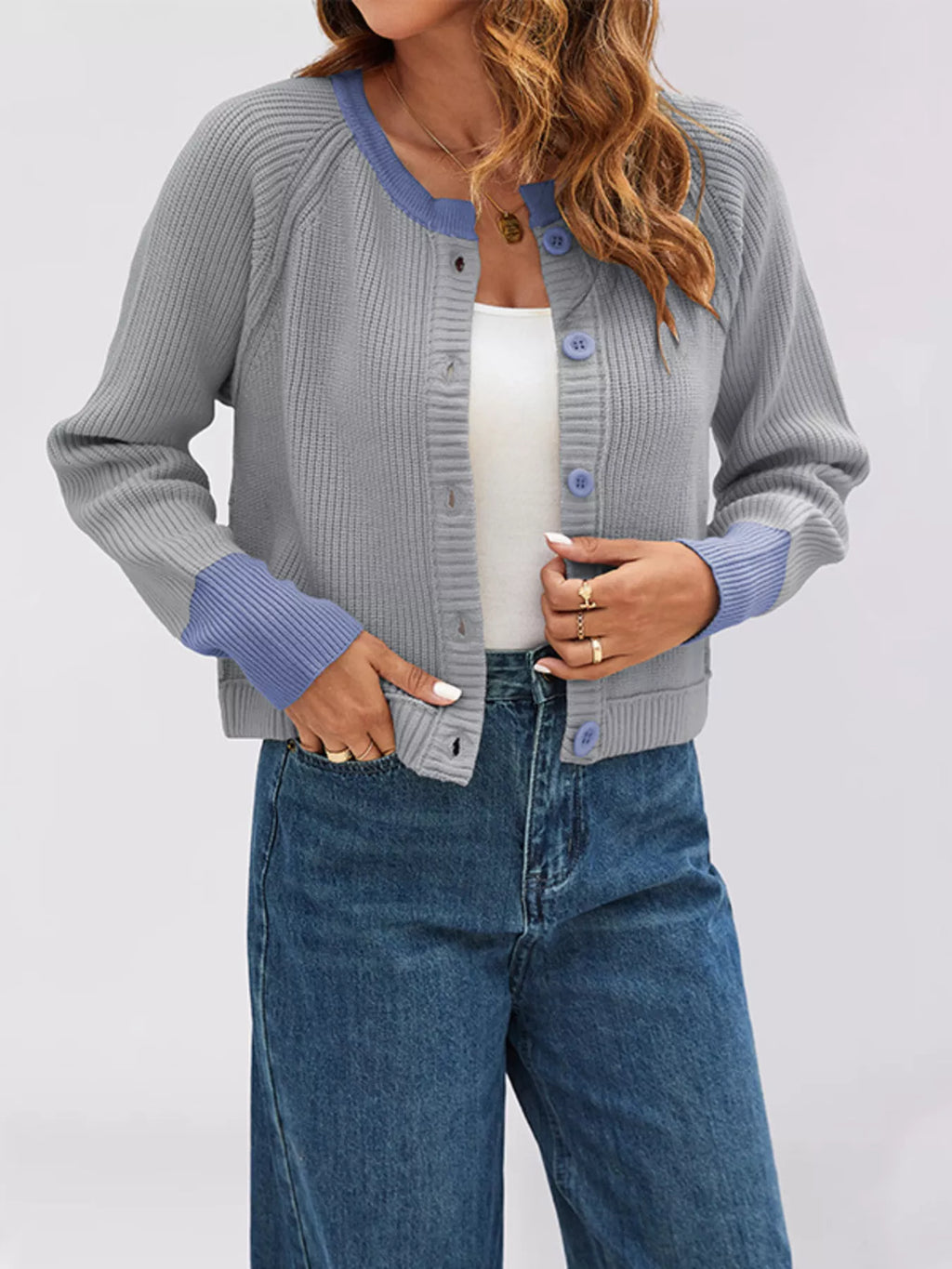 Color Block Ribbed Knit Button-Front Cardigan