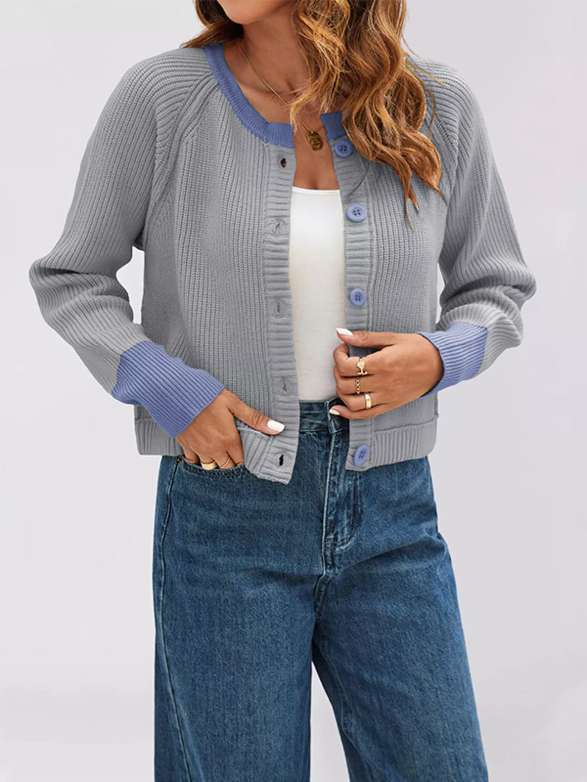 Color Block Ribbed Knit Button-Front Cardigan