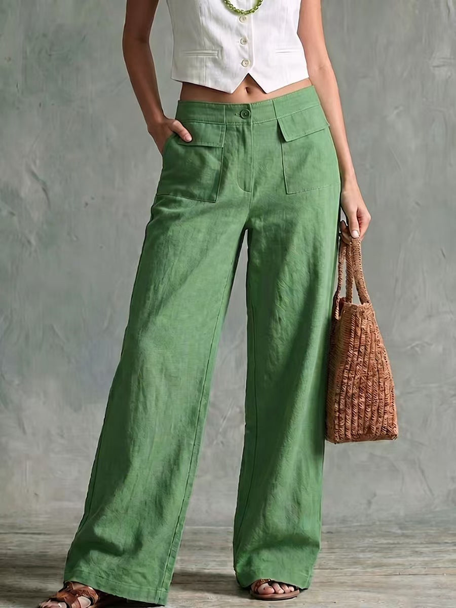 Women's Solid Color Loose Fit Casual Pants - Elastic Waist Trousers for Daily Wear
