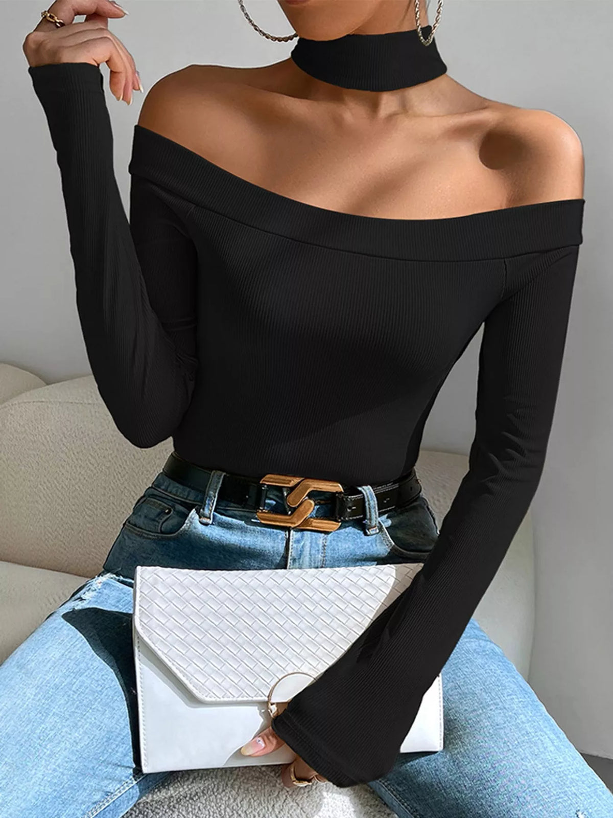 Off-Shoulder Ribbed Knit Long Sleeve T-Shirt with Choker Neck
