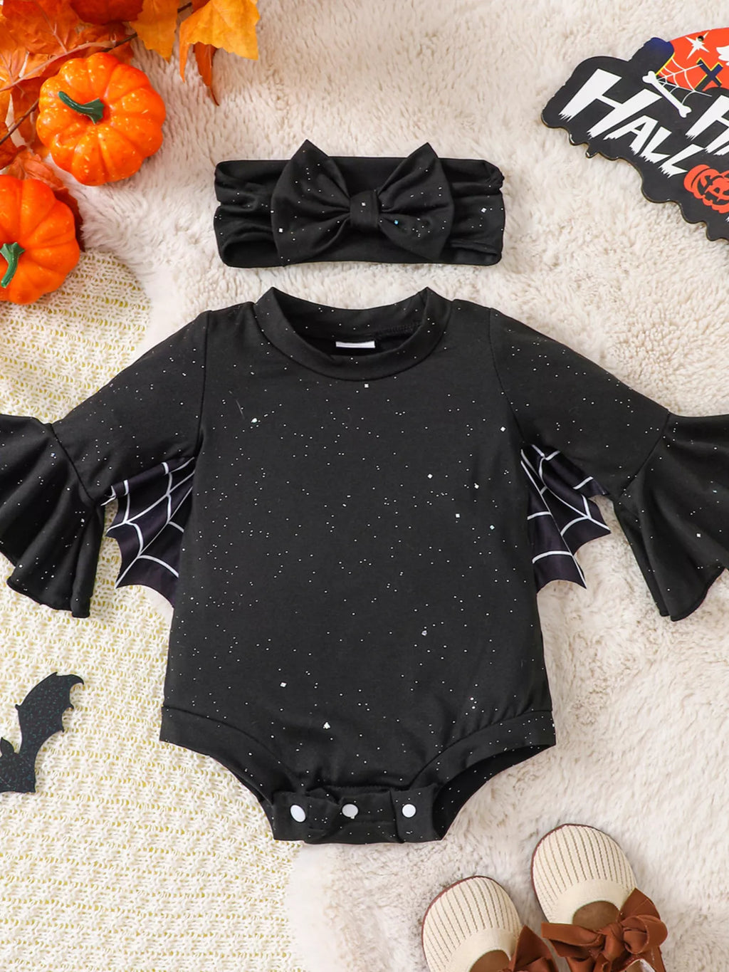 Children's Halloween Spiderweb Print Long Sleeve Bodysuit and Bow Headband Set
