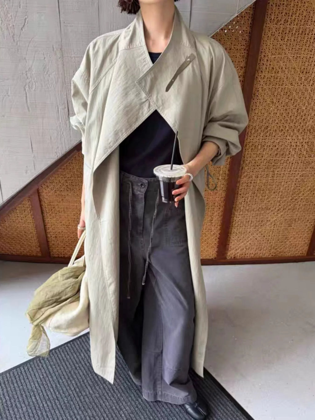 Drawstring Open Front Longline Trench Coat