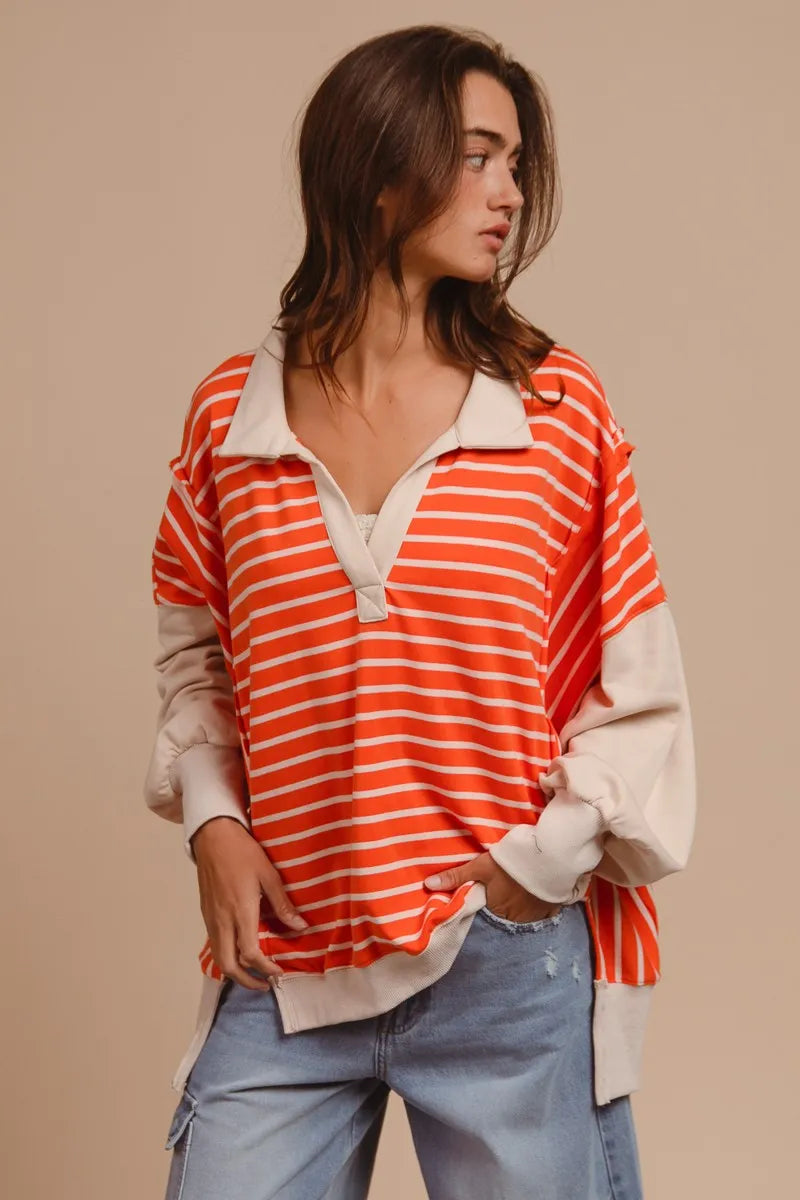BiBi Stripe Knit Loose Fit Top With Cut Edge Detail