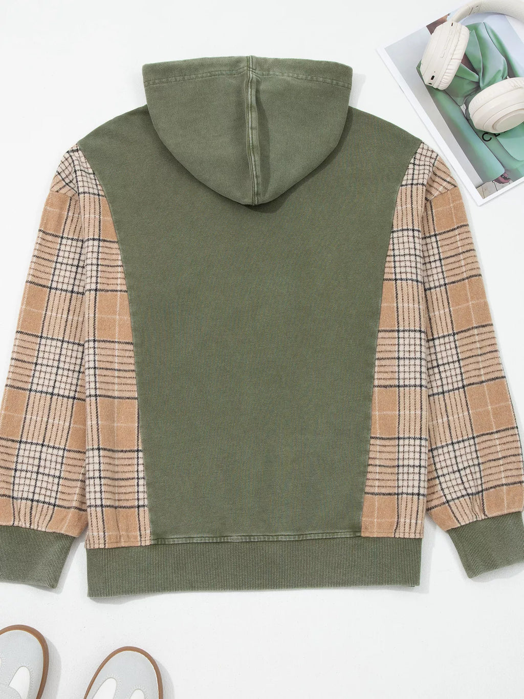 Plaid Sleeve Drawstring Pocket Hoodie