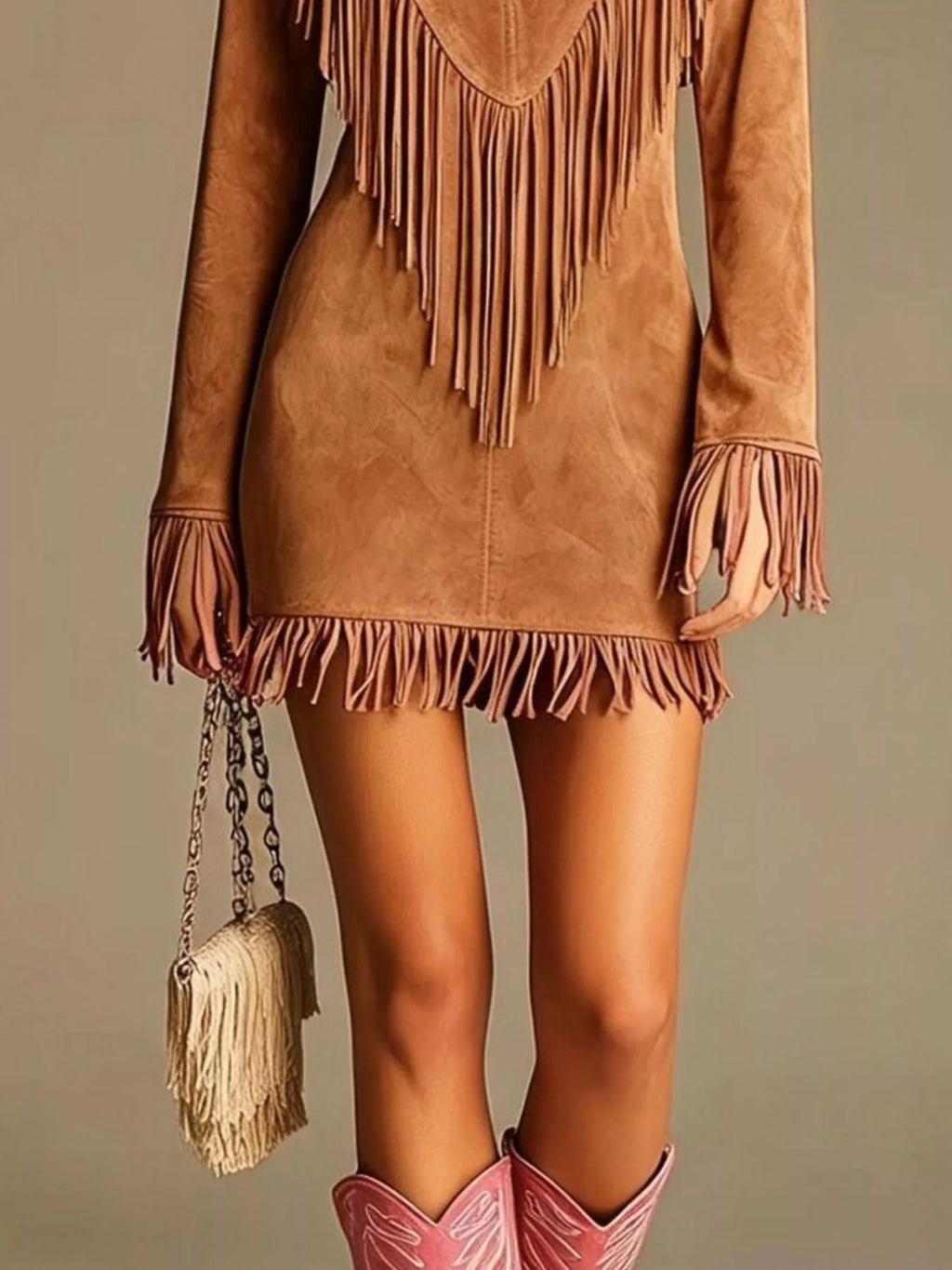 Boho Chic Fringed Suede V-Neck Mini Dress
