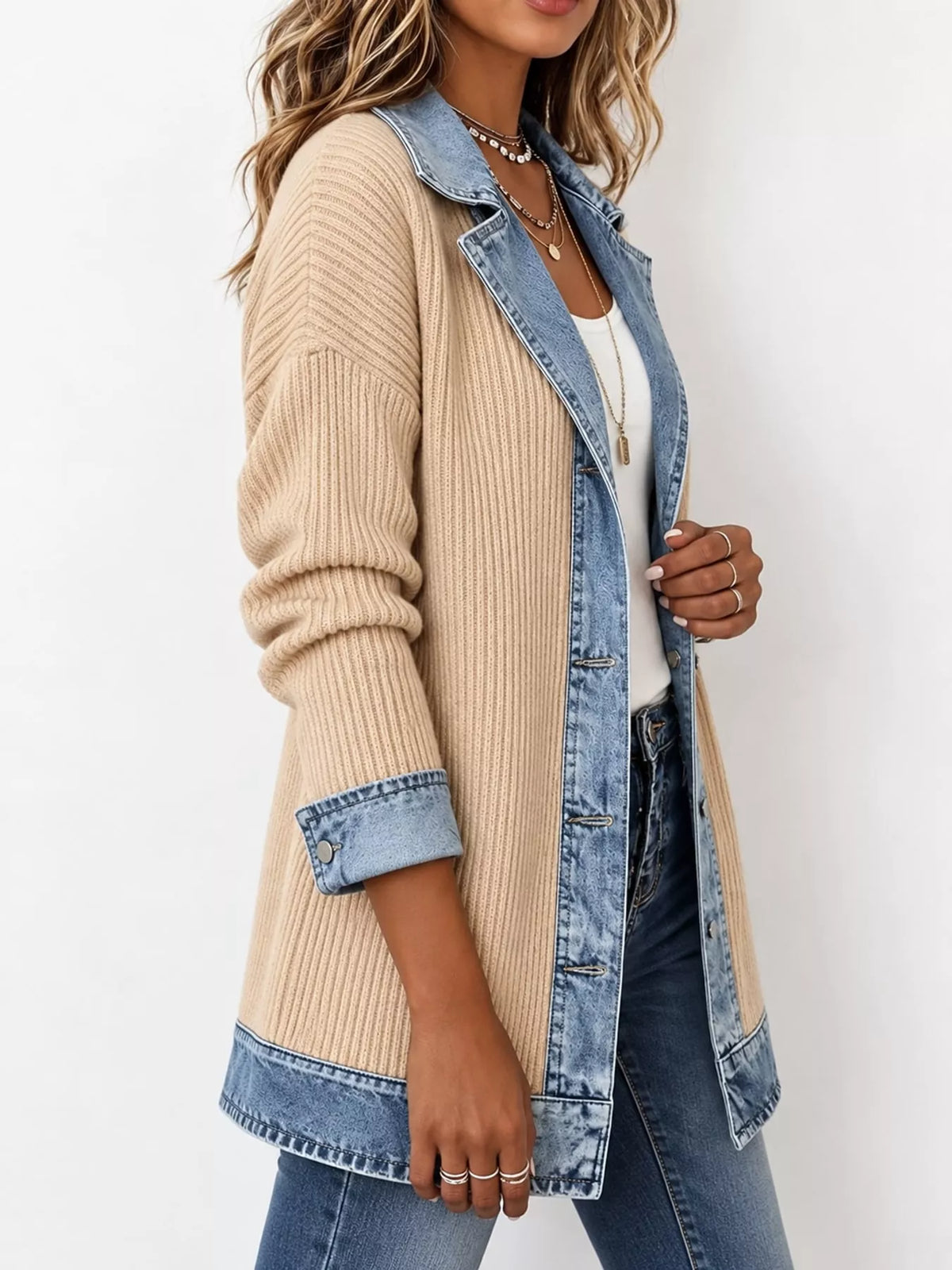 Full Size Denim Trim Ribbed Knit Cardigan Plus Size