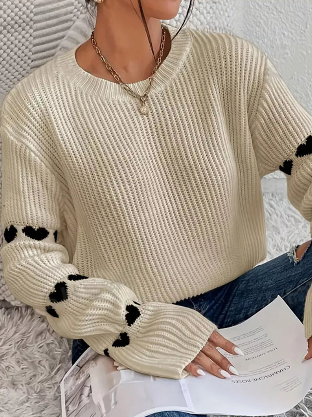 Heart Pattern Dropped Shoulder Sweater