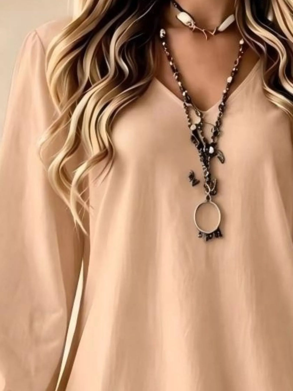 V-Neck Long Sleeve Ruffle Hem Lace Detail Dress