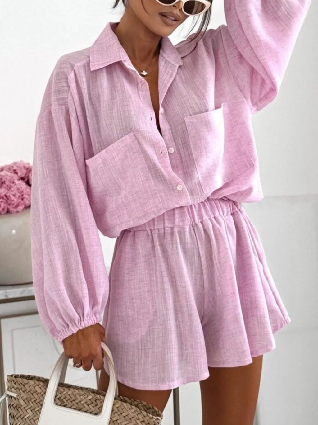 Long Sleeve Shirt and High-Waisted Shorts Set