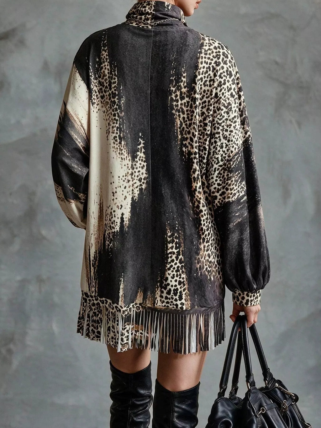 Leopard Print Mock Neck Fringe Hem Mini Dress