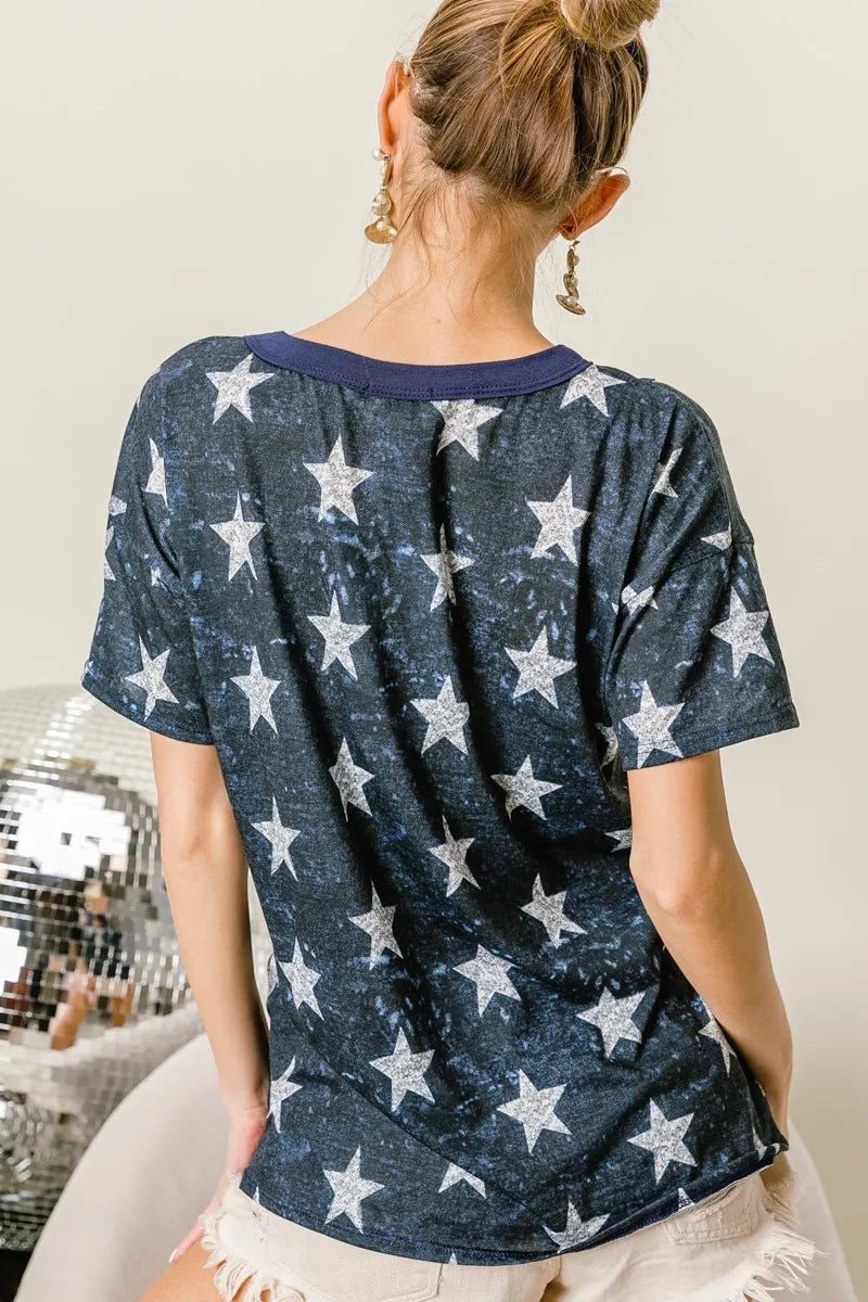 BiBi Vintage Star Print Top With Contrast Caged Neck