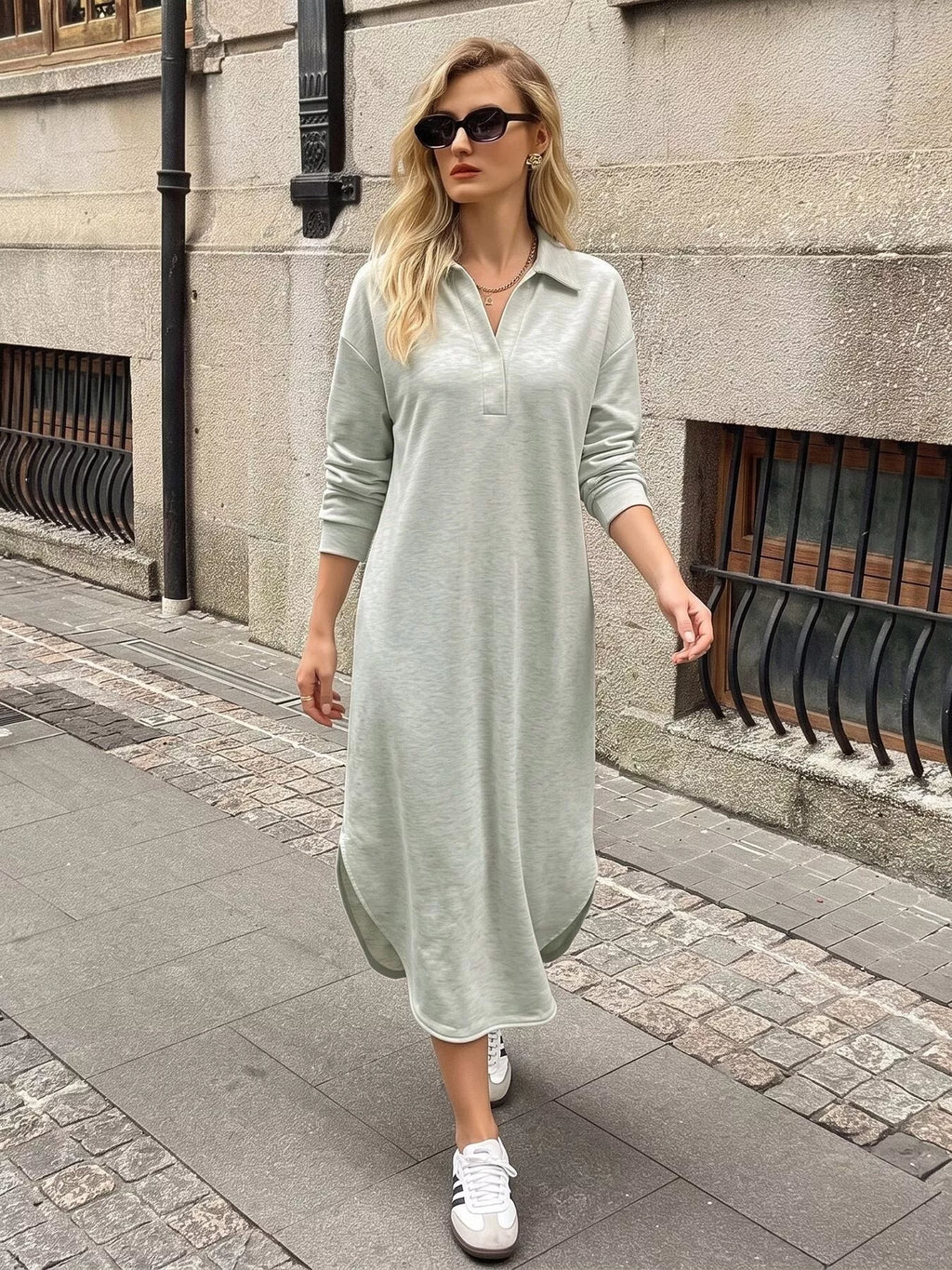 Polo Collar Long Sleeve Midi Dress